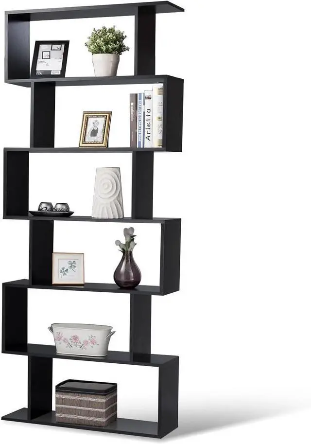 Main image of 6-Tier Geometric Bookcase, Modern S-Shaped Storage Display Bookshelf for Living Room, Anti-Toppling Device, Home Office Wooden 6 Shelf Open Bookcase (1, Black)