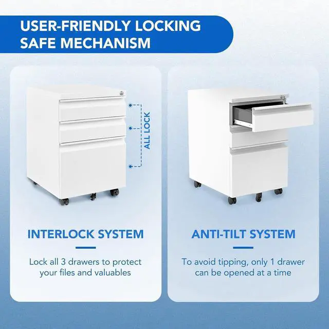 Alt view image 4 of 7 - 3 Drawer Mobile File Cabinet for Home Office Under Desk Storage, Filing Cabinet with Lock Keys, File Organizer Cabinet for Legal/Letter/A4 File, White