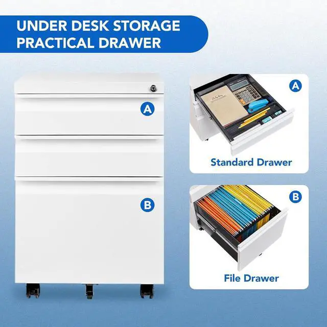 Alt view image 5 of 7 - 3 Drawer Mobile File Cabinet for Home Office Under Desk Storage, Filing Cabinet with Lock Keys, File Organizer Cabinet for Legal/Letter/A4 File, White