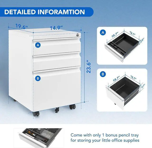 Alt view image 3 of 7 - 3 Drawer Mobile File Cabinet for Home Office Under Desk Storage, Filing Cabinet with Lock Keys, File Organizer Cabinet for Legal/Letter/A4 File, White