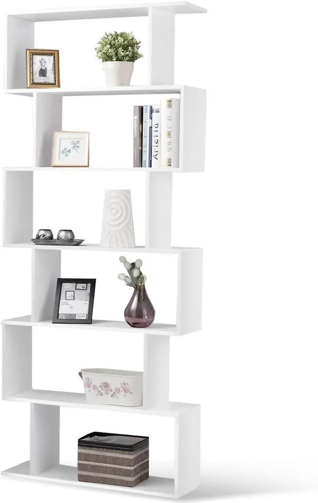 Main image of 6-Tier Geometric Bookcase, Modern S-Shaped Storage Display Bookshelf for Living Room, Anti-Toppling Device, Home Office Wooden 6 Shelf Open Bookcase (1, White)