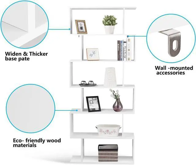 Alt view image 7 of 7 - 6-Tier Geometric Bookcase, Modern S-Shaped Storage Display Bookshelf for Living Room, Anti-Toppling Device, Home Office Wooden 6 Shelf Open Bookcase (1, White)