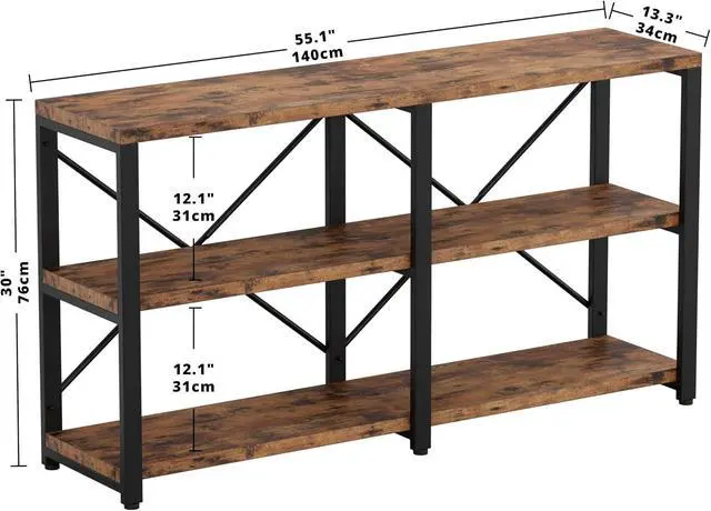 Alt view image 2 of 7 - Bookshelf Double Wide 55 in 3-Tier, Industrial Bookcases, Wood and Metal Bookshelves, Book Shelves for Home Office Decor Display
