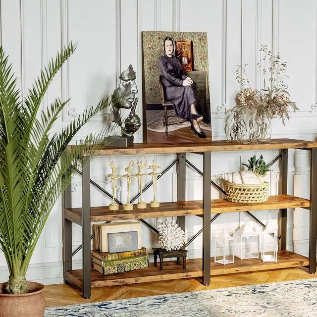 Alt view image 3 of 7 - Bookshelf Double Wide 55 in 3-Tier, Industrial Bookcases, Wood and Metal Bookshelves, Book Shelves for Home Office Decor Display