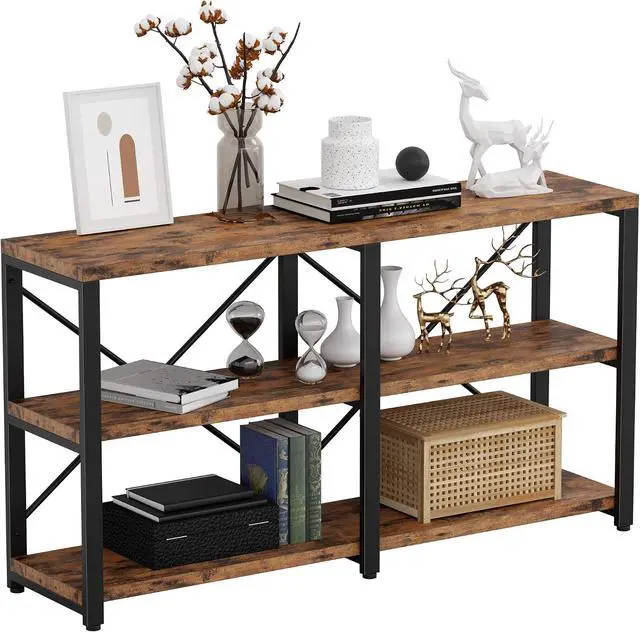 Alt view image 7 of 7 - Bookshelf Double Wide 55 in 3-Tier, Industrial Bookcases, Wood and Metal Bookshelves, Book Shelves for Home Office Decor Display