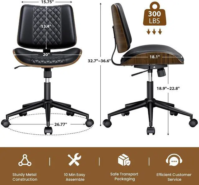 Alt view image 2 of 7 - Home Armless Office Chair with Wheels, Modern Walnut Armless Desk Chair, Adjustable Swivel Rolling Task Chair with Curved Back for Small Space, Reading, Meeting Room, Black