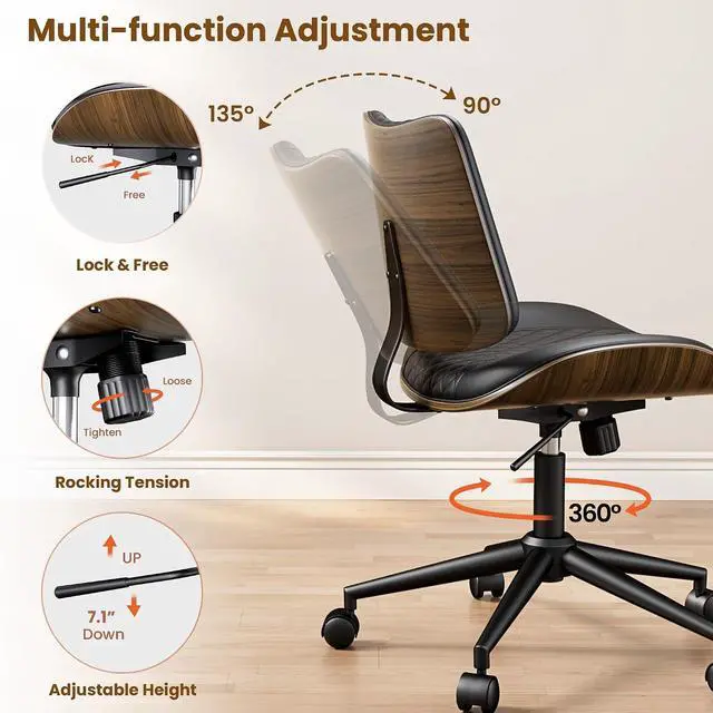 Alt view image 5 of 7 - Home Armless Office Chair with Wheels, Modern Walnut Armless Desk Chair, Adjustable Swivel Rolling Task Chair with Curved Back for Small Space, Reading, Meeting Room, Black