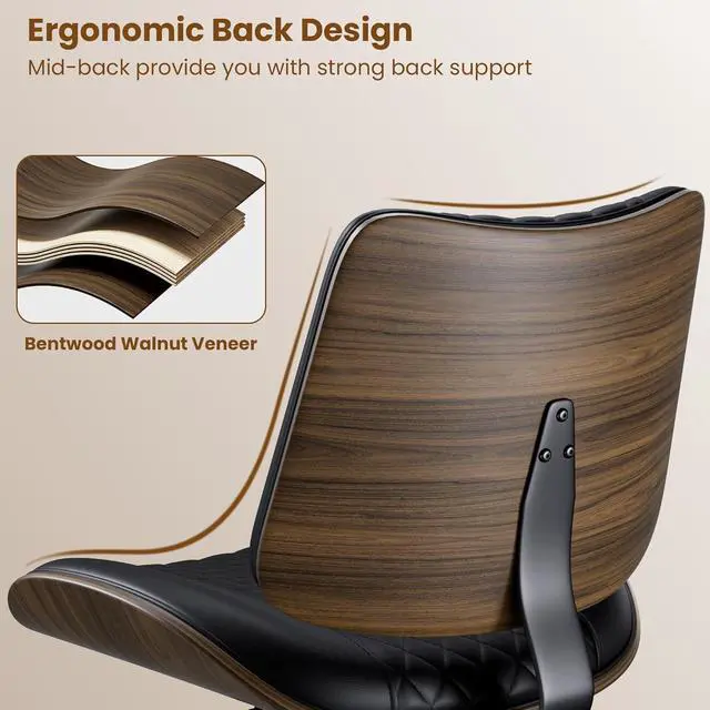 Alt view image 6 of 7 - Home Armless Office Chair with Wheels, Modern Walnut Armless Desk Chair, Adjustable Swivel Rolling Task Chair with Curved Back for Small Space, Reading, Meeting Room, Black