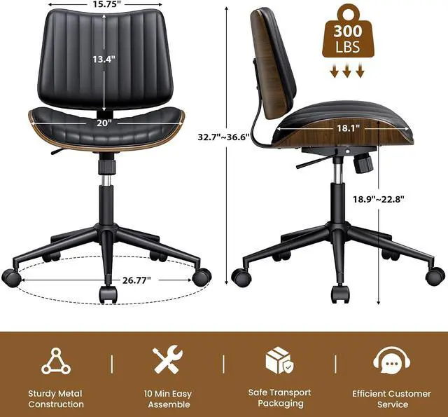 Alt view image 2 of 7 - Modern Walnut Armless Office Chair with Wheels - Ergonomic Curved Back Adjustable Swivel Chair for Small Space, Silent Rolling Casters & 330lbs Capacity, Perfect for Home Office/Meeting Room, Black