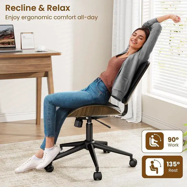 Alt view image 3 of 7 - Modern Walnut Armless Office Chair with Wheels - Ergonomic Curved Back Adjustable Swivel Chair for Small Space, Silent Rolling Casters & 330lbs Capacity, Perfect for Home Office/Meeting Room, Black