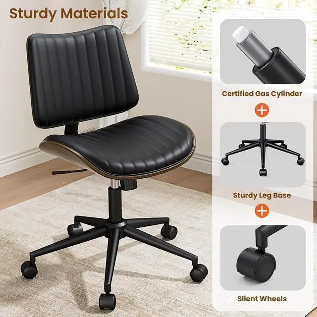 Alt view image 4 of 7 - Modern Walnut Armless Office Chair with Wheels - Ergonomic Curved Back Adjustable Swivel Chair for Small Space, Silent Rolling Casters & 330lbs Capacity, Perfect for Home Office/Meeting Room, Black