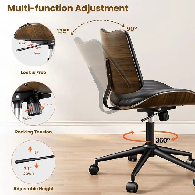 Alt view image 5 of 7 - Modern Walnut Armless Office Chair with Wheels - Ergonomic Curved Back Adjustable Swivel Chair for Small Space, Silent Rolling Casters & 330lbs Capacity, Perfect for Home Office/Meeting Room, Black
