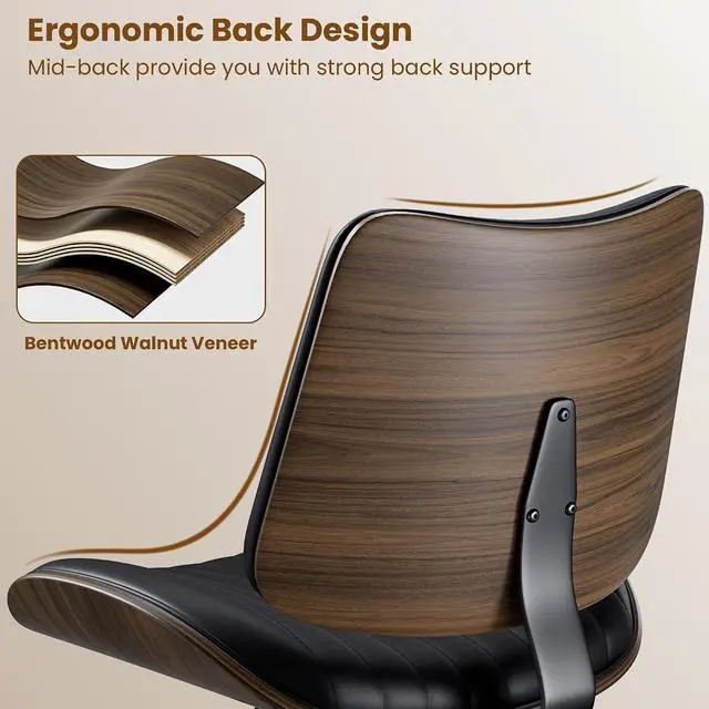 Alt view image 7 of 7 - Modern Walnut Armless Office Chair with Wheels - Ergonomic Curved Back Adjustable Swivel Chair for Small Space, Silent Rolling Casters & 330lbs Capacity, Perfect for Home Office/Meeting Room, Black