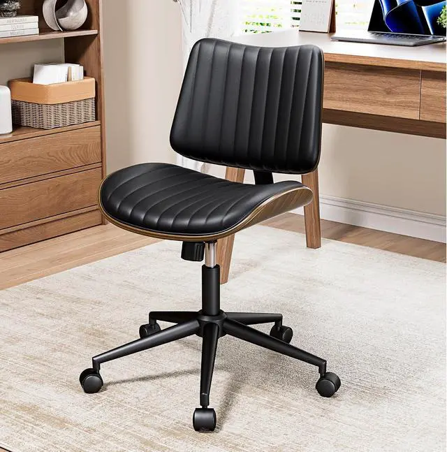 Alt view image 2 of 7 - Home Armless Office Chair Set of 2, Modern Walnut Desk Chair with Wheels, Adjustable Swivel Rolling Task Chair with Curved Back for Reading,Meeting Room, Black