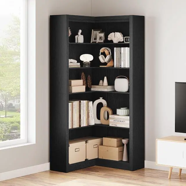 Alt view image 3 of 7 - Corner Bookshelf Black, 71.8 in Black Corner Bookcase, L-Shaped Bookshelf Farmhouse Bookcase, 5 Tier Display Shelf Heavy Duty Bookcases, Bookshelves with Storage