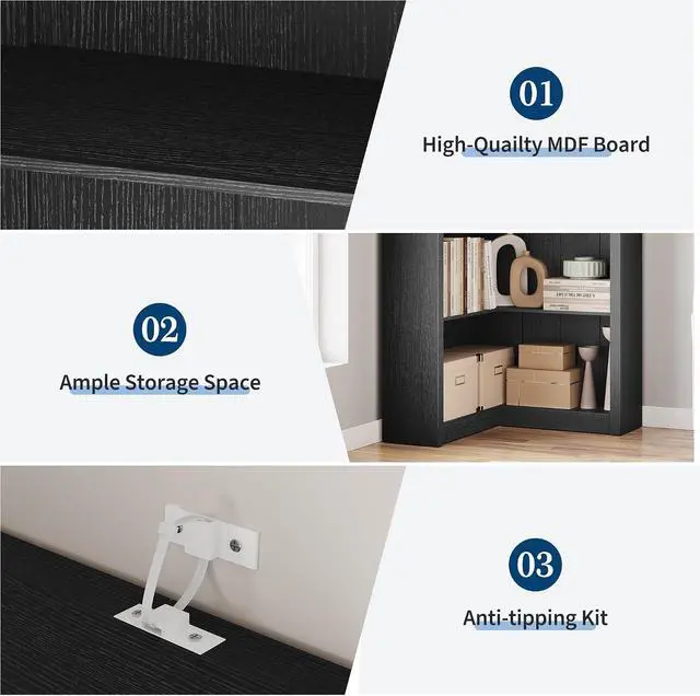 Alt view image 4 of 7 - Corner Bookshelf Black, 71.8 in Black Corner Bookcase, L-Shaped Bookshelf Farmhouse Bookcase, 5 Tier Display Shelf Heavy Duty Bookcases, Bookshelves with Storage