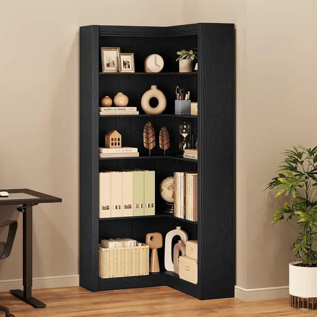 Alt view image 6 of 7 - Corner Bookshelf Black, 71.8 in Black Corner Bookcase, L-Shaped Bookshelf Farmhouse Bookcase, 5 Tier Display Shelf Heavy Duty Bookcases, Bookshelves with Storage