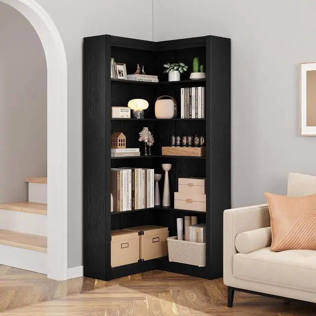Alt view image 7 of 7 - Corner Bookshelf Black, 71.8 in Black Corner Bookcase, L-Shaped Bookshelf Farmhouse Bookcase, 5 Tier Display Shelf Heavy Duty Bookcases, Bookshelves with Storage