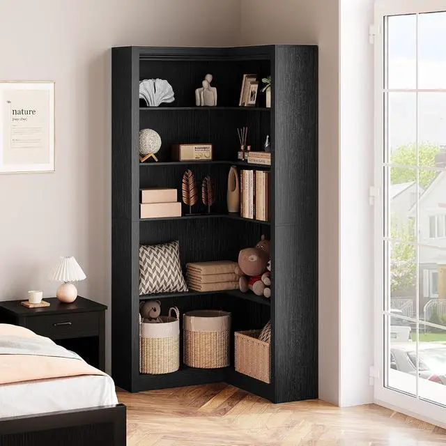 Alt view image 5 of 7 - Corner Bookshelf Black, 71.8 in Black Corner Bookcase, L-Shaped Bookshelf Farmhouse Bookcase, 5 Tier Display Shelf Heavy Duty Bookcases, Bookshelves with Storage