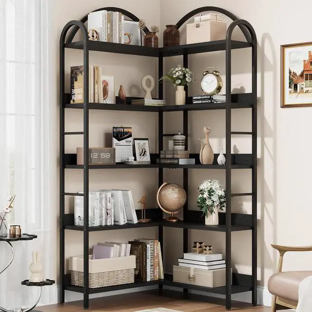 Main image of Arched Bookshelf Corner Bookcase, L Shaped Bookshelf Industrial Corner Bookshelves, Large Bookcase with Metal Frame, Corner Shelf Arch Display Rack for Living Room Bedroom