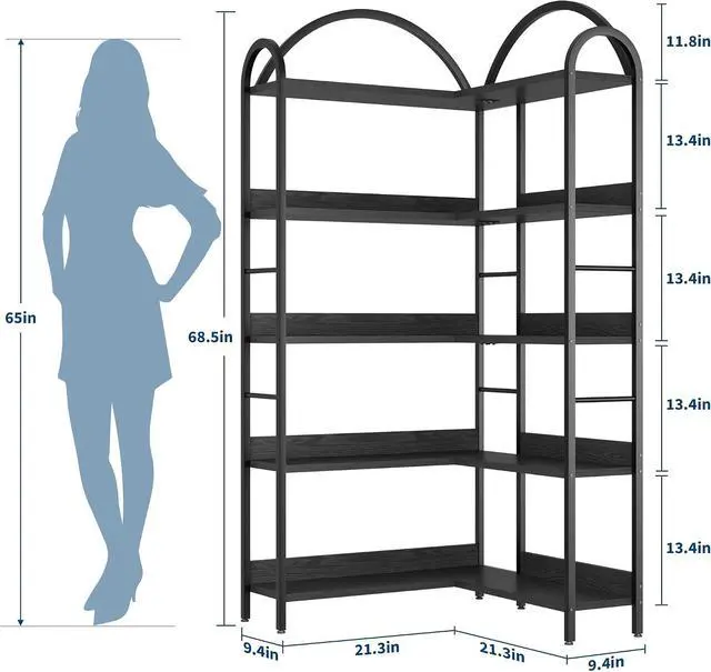 Alt view image 2 of 6 - Arched Bookshelf Corner Bookcase, L Shaped Bookshelf Industrial Corner Bookshelves, Large Bookcase with Metal Frame, Corner Shelf Arch Display Rack for Living Room Bedroom