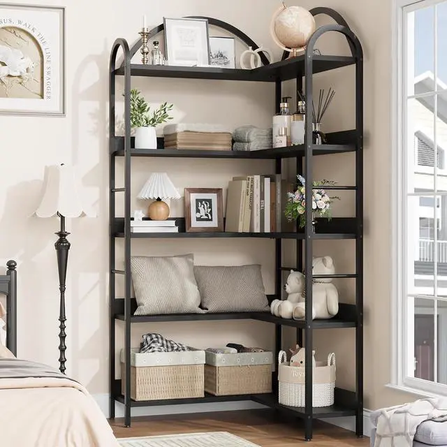 Alt view image 3 of 6 - Arched Bookshelf Corner Bookcase, L Shaped Bookshelf Industrial Corner Bookshelves, Large Bookcase with Metal Frame, Corner Shelf Arch Display Rack for Living Room Bedroom