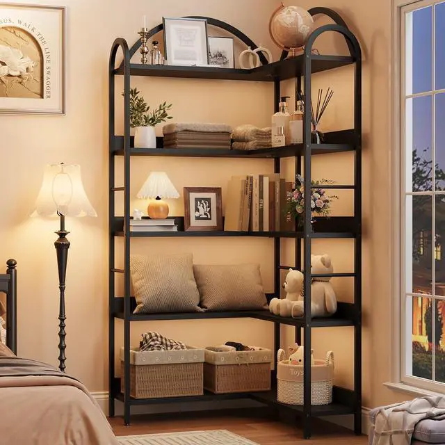Alt view image 6 of 6 - Arched Bookshelf Corner Bookcase, L Shaped Bookshelf Industrial Corner Bookshelves, Large Bookcase with Metal Frame, Corner Shelf Arch Display Rack for Living Room Bedroom