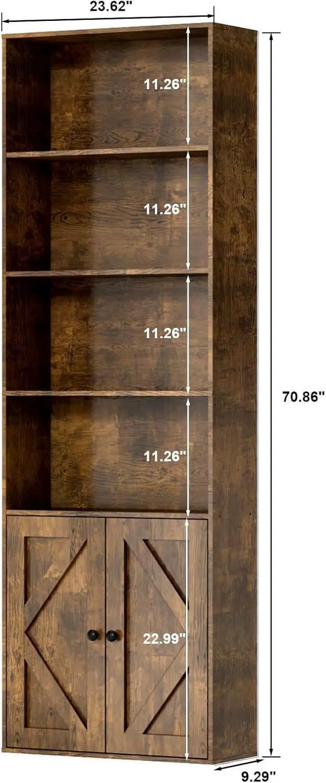 Alt view image 3 of 7 - Bookshelf, 6-Tier Floor Bookcase with 2 Bottom Doors, 9.29"x23.62"x70.86", Storage Cabinet Bookshelves for Home Office, Living Room, Bedroom-Brown