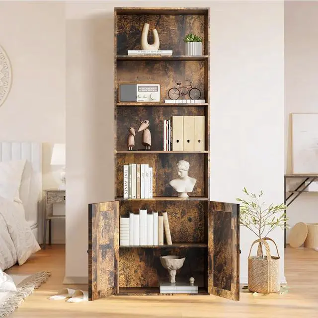 Alt view image 4 of 7 - Bookshelf, 6-Tier Floor Bookcase with 2 Bottom Doors, 9.29"x23.62"x70.86", Storage Cabinet Bookshelves for Home Office, Living Room, Bedroom-Brown