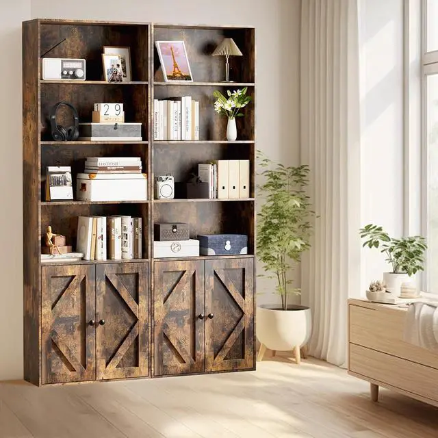 Alt view image 2 of 7 - Bookshelf, 6-Tier Floor Bookcase with 2 Bottom Doors, 9.29"x23.62"x70.86", Storage Cabinet Bookshelves for Home Office, Living Room, Bedroom-Brown