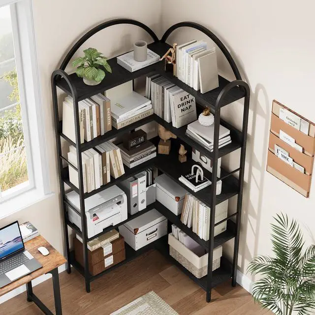 Alt view image 4 of 6 - Arched Bookshelf Corner Bookcase, L Shaped Bookshelf Industrial Corner Bookshelves, Large Bookcase with Metal Frame, Corner Shelf Arch Display Rack for Living Room Bedroom