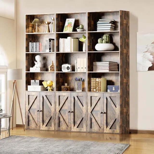 Alt view image 6 of 7 - Bookshelf, 6-Tier Floor Bookcase with 2 Bottom Doors, 9.29"x23.62"x70.86", Storage Cabinet Bookshelves for Home Office, Living Room, Bedroom-Brown