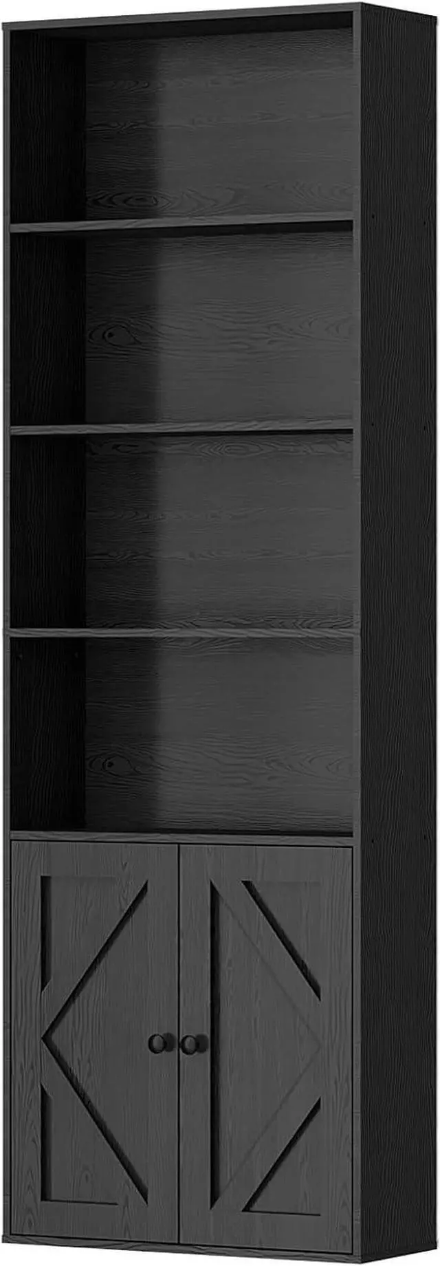 Main image of Bookshelf, 6-Tier Floor Bookcase with 2 Bottom Doors, 9.29"x23.62"x70.86", Storage Cabinet Bookshelves for Home Office, Living Room, Bedroom-Black