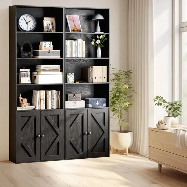 Alt view image 2 of 8 - Bookshelf, 6-Tier Floor Bookcase with 2 Bottom Doors, 9.29"x23.62"x70.86", Storage Cabinet Bookshelves for Home Office, Living Room, Bedroom-Black