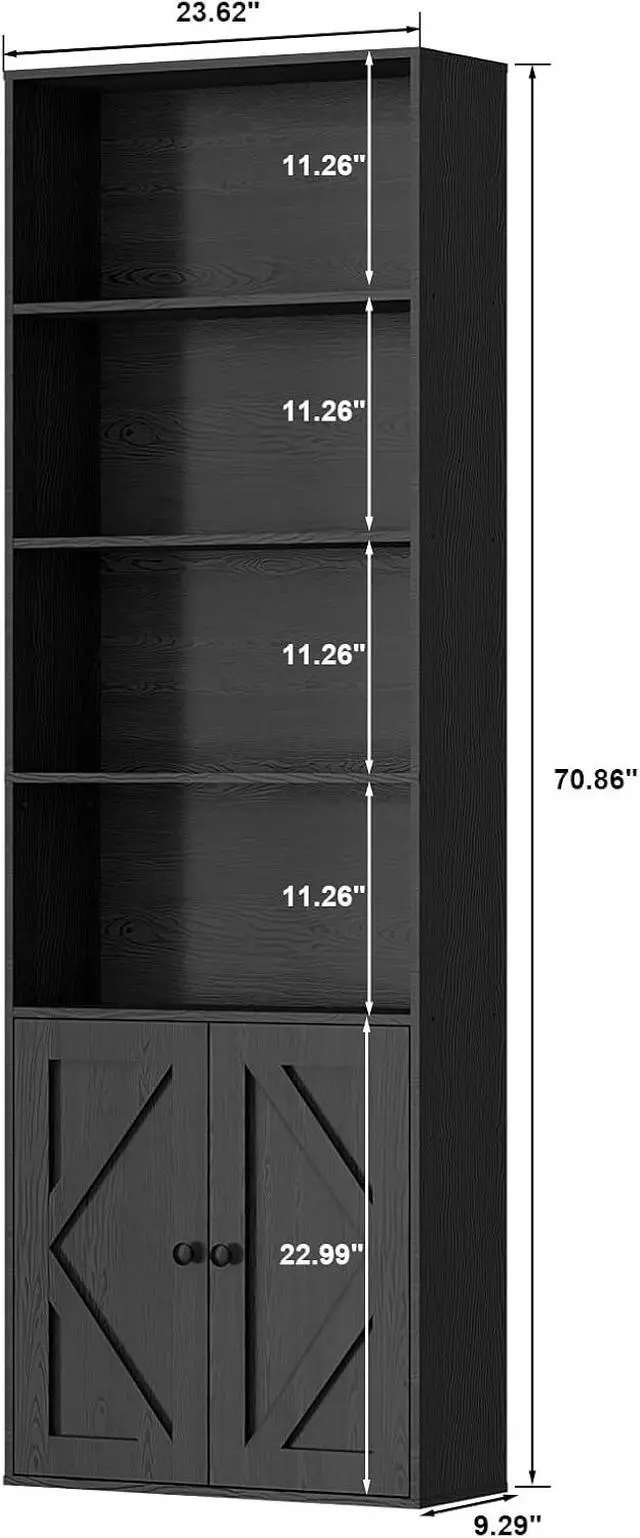 Alt view image 3 of 8 - Bookshelf, 6-Tier Floor Bookcase with 2 Bottom Doors, 9.29"x23.62"x70.86", Storage Cabinet Bookshelves for Home Office, Living Room, Bedroom-Black