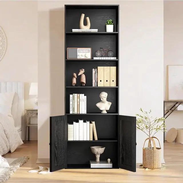 Alt view image 4 of 8 - Bookshelf, 6-Tier Floor Bookcase with 2 Bottom Doors, 9.29"x23.62"x70.86", Storage Cabinet Bookshelves for Home Office, Living Room, Bedroom-Black
