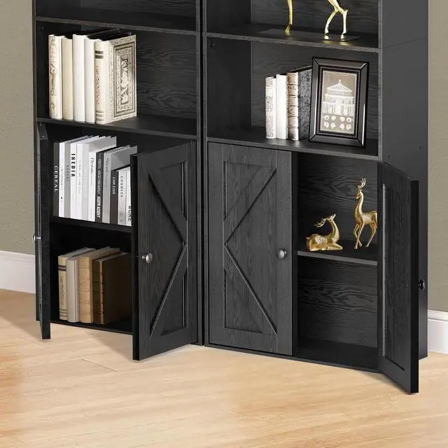 Alt view image 5 of 8 - Bookshelf, 6-Tier Floor Bookcase with 2 Bottom Doors, 9.29"x23.62"x70.86", Storage Cabinet Bookshelves for Home Office, Living Room, Bedroom-Black