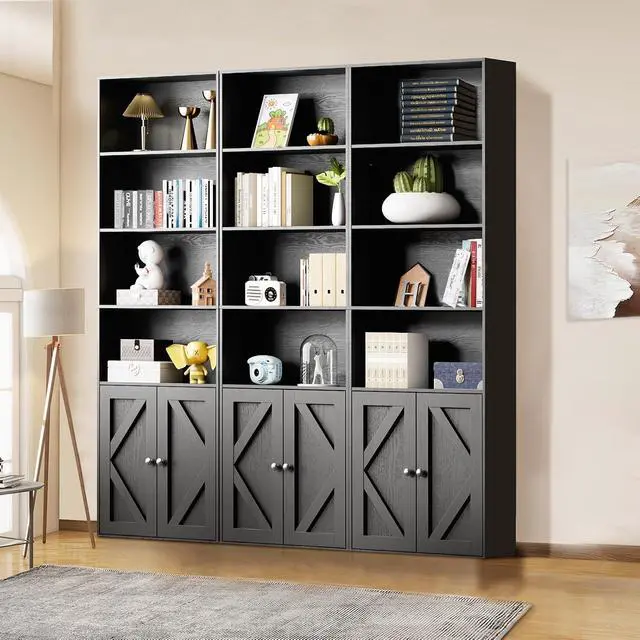Alt view image 6 of 8 - Bookshelf, 6-Tier Floor Bookcase with 2 Bottom Doors, 9.29"x23.62"x70.86", Storage Cabinet Bookshelves for Home Office, Living Room, Bedroom-Black
