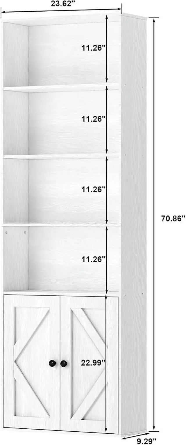 Alt view image 3 of 7 - Bookshelf, 6-Tier Floor Bookcase with 2 Bottom Doors, 9.29"x23.62"x70.86", Storage Cabinet Bookshelves for Home Office, Living Room, Bedroom-White