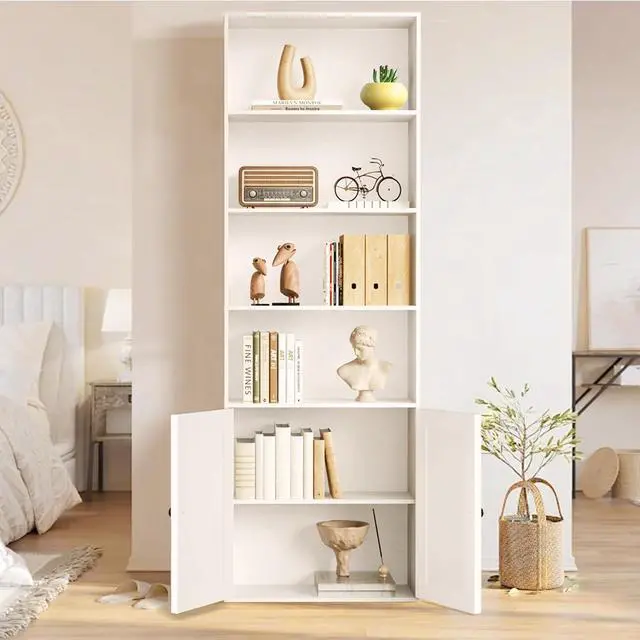 Alt view image 4 of 7 - Bookshelf, 6-Tier Floor Bookcase with 2 Bottom Doors, 9.29"x23.62"x70.86", Storage Cabinet Bookshelves for Home Office, Living Room, Bedroom-White