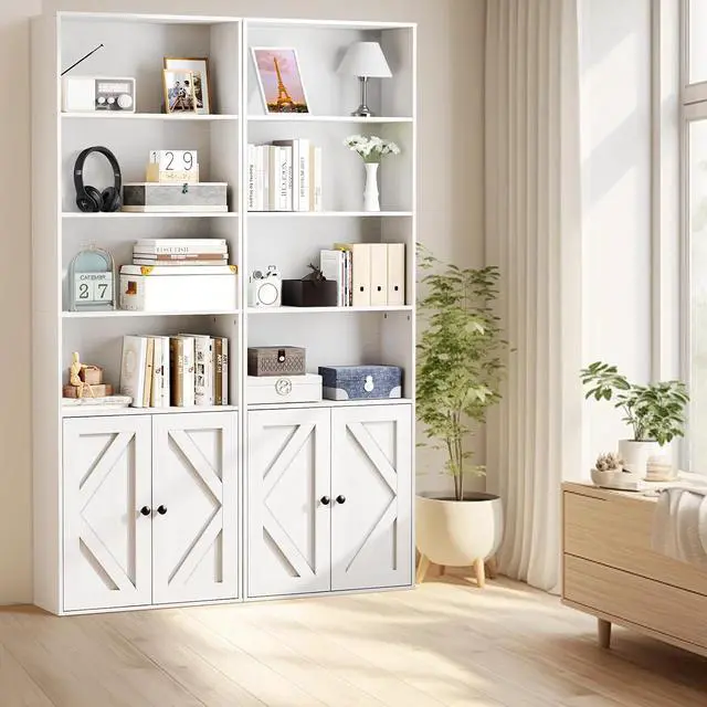 Alt view image 2 of 7 - Bookshelf, 6-Tier Floor Bookcase with 2 Bottom Doors, 9.29"x23.62"x70.86", Storage Cabinet Bookshelves for Home Office, Living Room, Bedroom-White