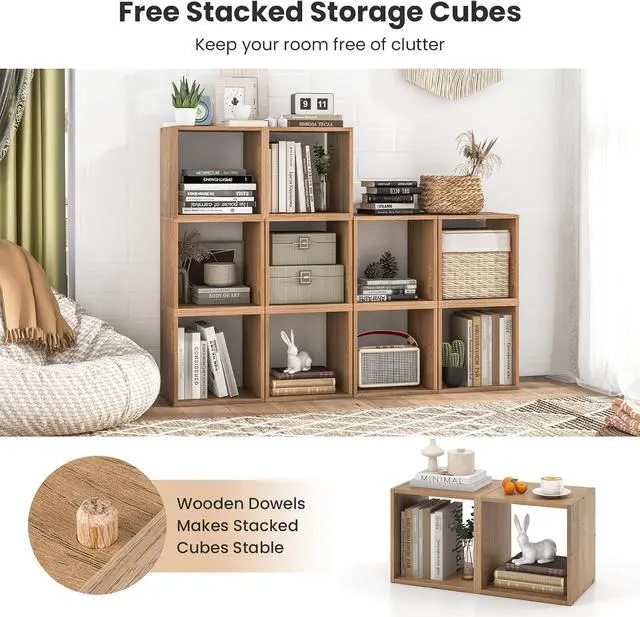 Alt view image 4 of 7 - 2 Cube Bookshelf Organizer, 2-Tier Stackable Cube Storage Organizer, Small Wooden Open Book Shelf with Anti-toppling Device, Wood Floor Standing Display Shelving Bookcase, Natural