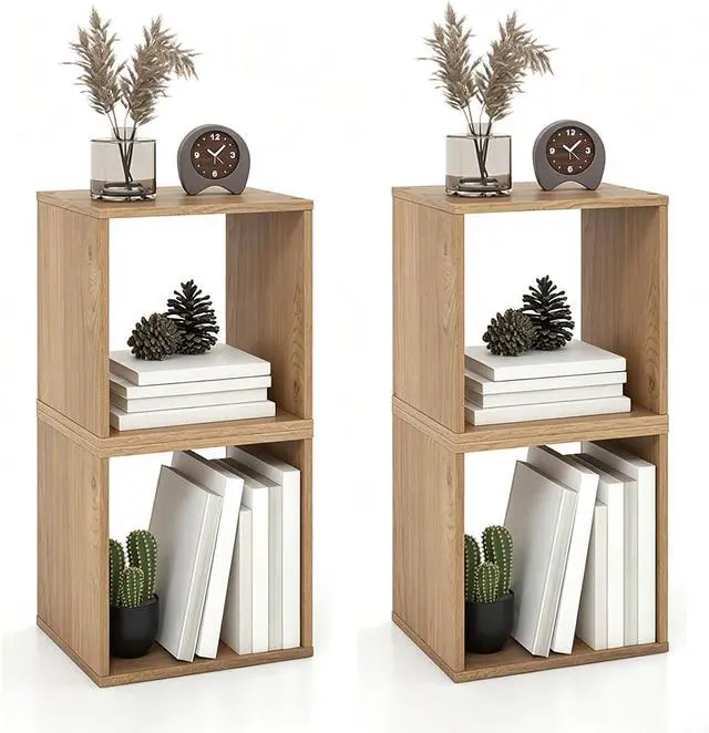 Main image of 2 Stackable Cubes Bookcase, Wooden Cubby Storage Organizer with Anti-Tipping Device, Small Book Shelf for Small Space, Combination Square Bookshelf Cubes (2, Natural)