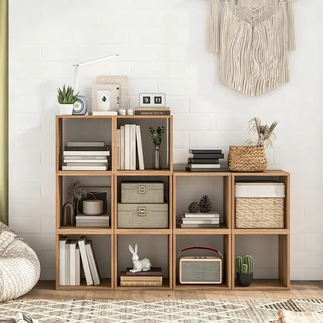 Alt view image 2 of 7 - 2 Stackable Cubes Bookcase, Wooden Cubby Storage Organizer with Anti-Tipping Device, Small Book Shelf for Small Space, Combination Square Bookshelf Cubes (2, Natural)