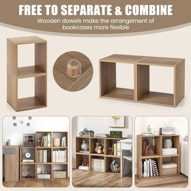 Alt view image 6 of 7 - 2 Stackable Cubes Bookcase, Wooden Cubby Storage Organizer with Anti-Tipping Device, Small Book Shelf for Small Space, Combination Square Bookshelf Cubes (2, Natural)