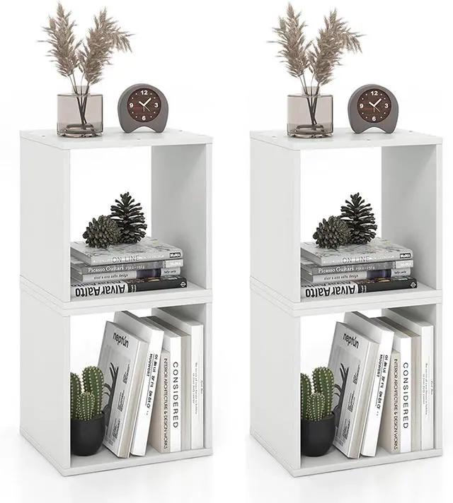 Main image of 2 Stackable Cubes Bookcase, Wooden Cubby Storage Organizer with Anti-Tipping Device, Small Book Shelf for Small Space, Combination Square Bookshelf Cubes (2, White)