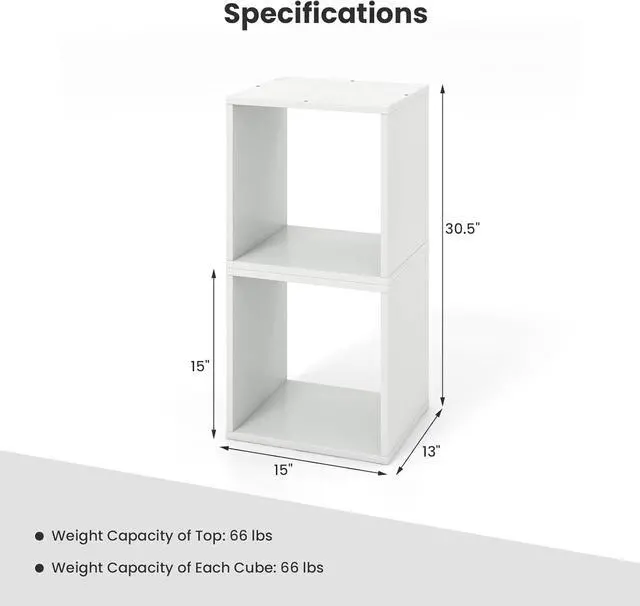Alt view image 3 of 7 - 2 Stackable Cubes Bookcase, Wooden Cubby Storage Organizer with Anti-Tipping Device, Small Book Shelf for Small Space, Combination Square Bookshelf Cubes (2, White)