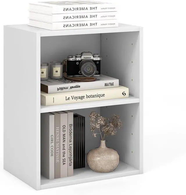 Main image of 2 Cube Shelf, Wood Cubby Storage Organizer, 2 Shelf Bookcase with Adjustable Shelf, 21" Low Shelves, Small Bookshelf for Small Spaces, Bedroom, Living Room, Back Panels (White)