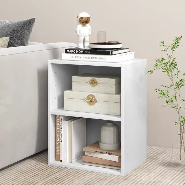 Alt view image 2 of 7 - 2 Cube Shelf, Wood Cubby Storage Organizer, 2 Shelf Bookcase with Adjustable Shelf, 21" Low Shelves, Small Bookshelf for Small Spaces, Bedroom, Living Room, Back Panels (White)
