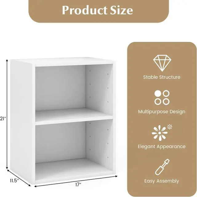Alt view image 3 of 7 - 2 Cube Shelf, Wood Cubby Storage Organizer, 2 Shelf Bookcase with Adjustable Shelf, 21" Low Shelves, Small Bookshelf for Small Spaces, Bedroom, Living Room, Back Panels (White)